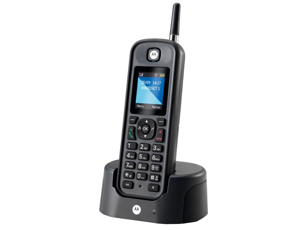 Telefon stacjonarny bezprzewodowy Motorola O201, czarny — zasięg do 1000 metrów na otwartej przestrzeni z długą anteną