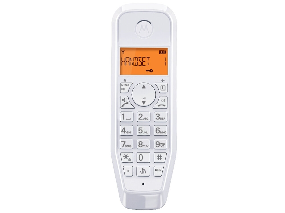 Biały telefon bezprzewodowy z wyświetlaczem pokazującym tekst \'HANDSET 1\'. Na obudowie widoczne są przyciski numeryczne oraz logo \'M\'.