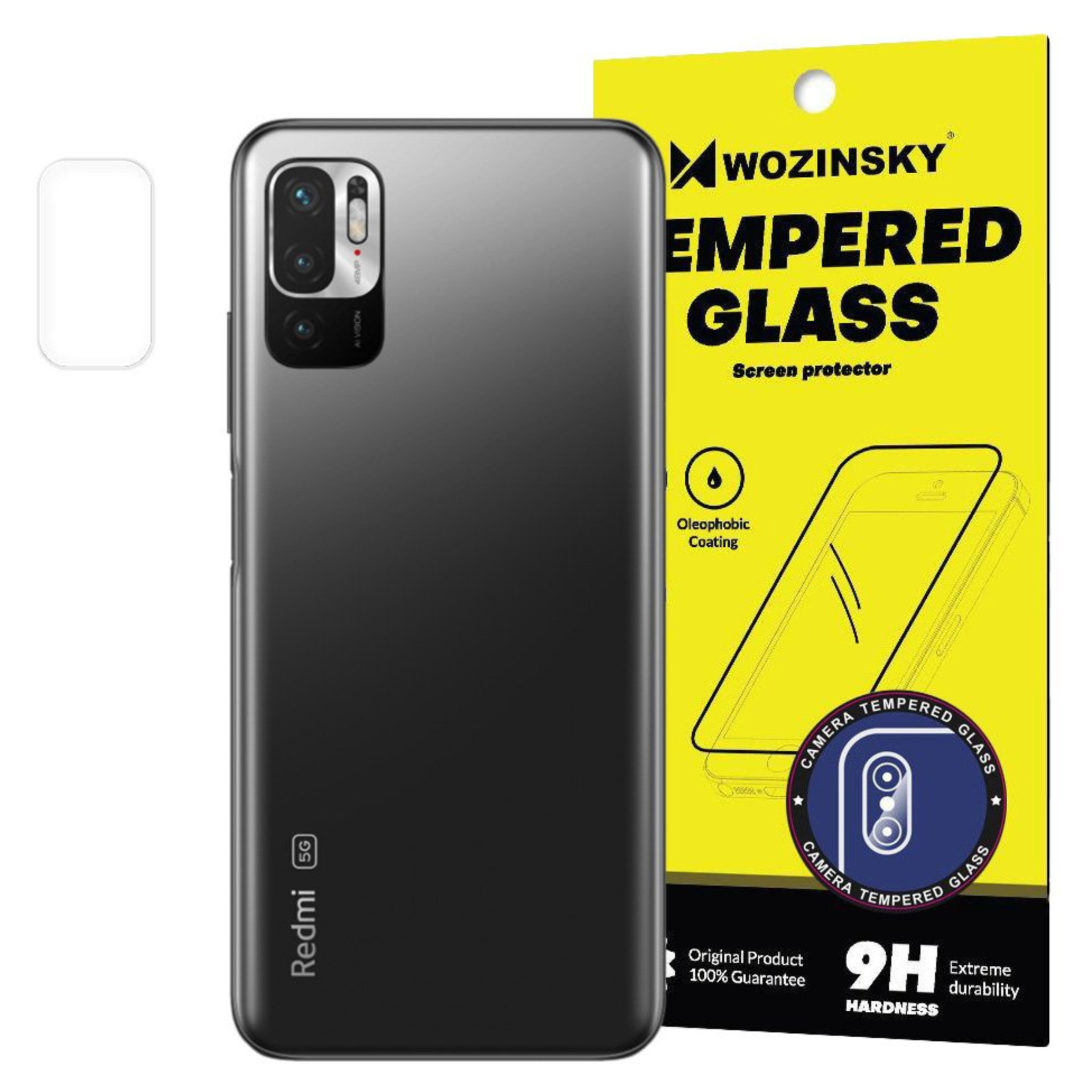 Na obrazie widoczny jest telefon z napisem \'Redmi 5G\' oraz opakowanie produktu z logo \'Wozinsky\' i tekstem \'Tempered Glass\'. Opakowanie zawiera informacje o powłoce oleofobowej i twardości 9H.