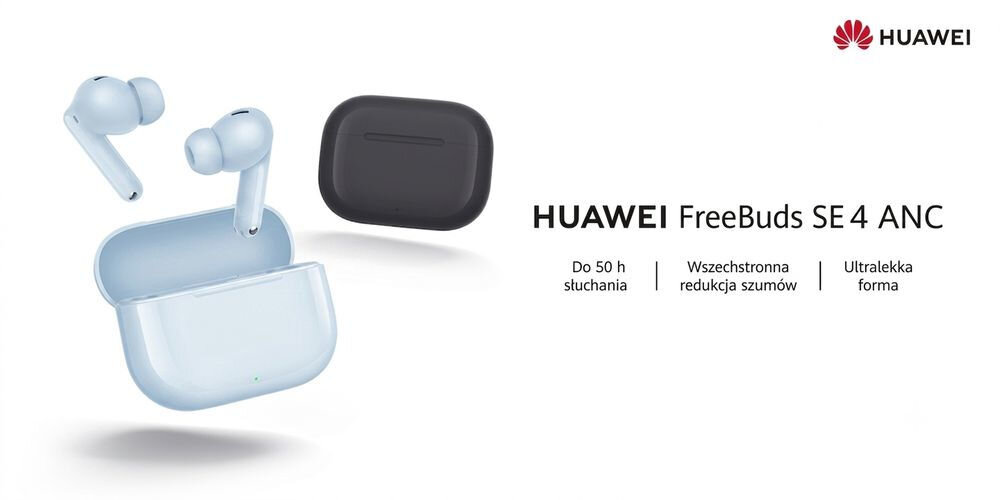 Obraz przedstawia białe słuchawki dokanałowe HUAWEI FreeBuds SE 4 ANC z otwartym etui oraz zamknięte czarne etui. Widoczny tekst: \'HUAWEI FreeBuds SE 4 ANC\', \'Do 50 h słuchania¹\', \'Wszechstronna redukcja szumów\', \'Ultralekka forma\'.