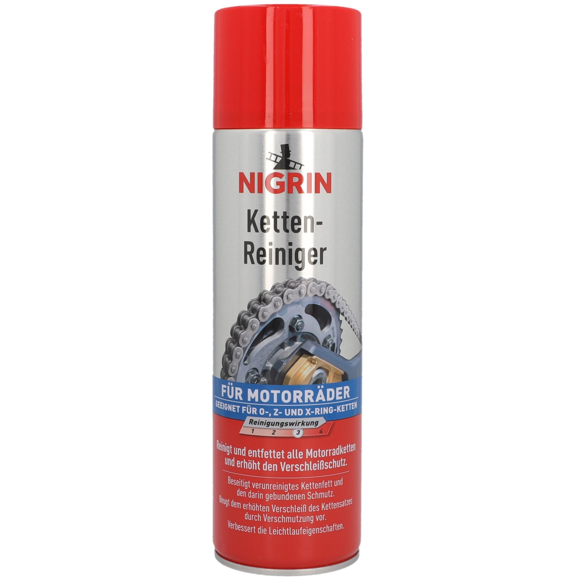 Spray do czyszczenia łańcuchów motocyklowych w srebrnej puszce z czerwonym wieczkiem, z logo NIGRIN i zdjęciem łańcucha na etykiecie. Tekst na etykiecie: \'NIGRIN Ketten-Reiniger FÜR MOTORRÄDER\'.