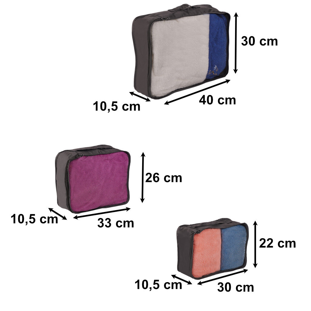 Na obrazie widoczne są trzy organizery do walizki w różnych rozmiarach, każdy z nich ma podane wymiary: 40 cm x 30 cm x 10,5 cm, 33 cm x 26 cm x 10,5 cm oraz 30 cm x 22 cm x 10,5 cm. Organizery mają różne kolory: szary z niebieskim, fioletowy oraz pomarańczowy z niebieskim.