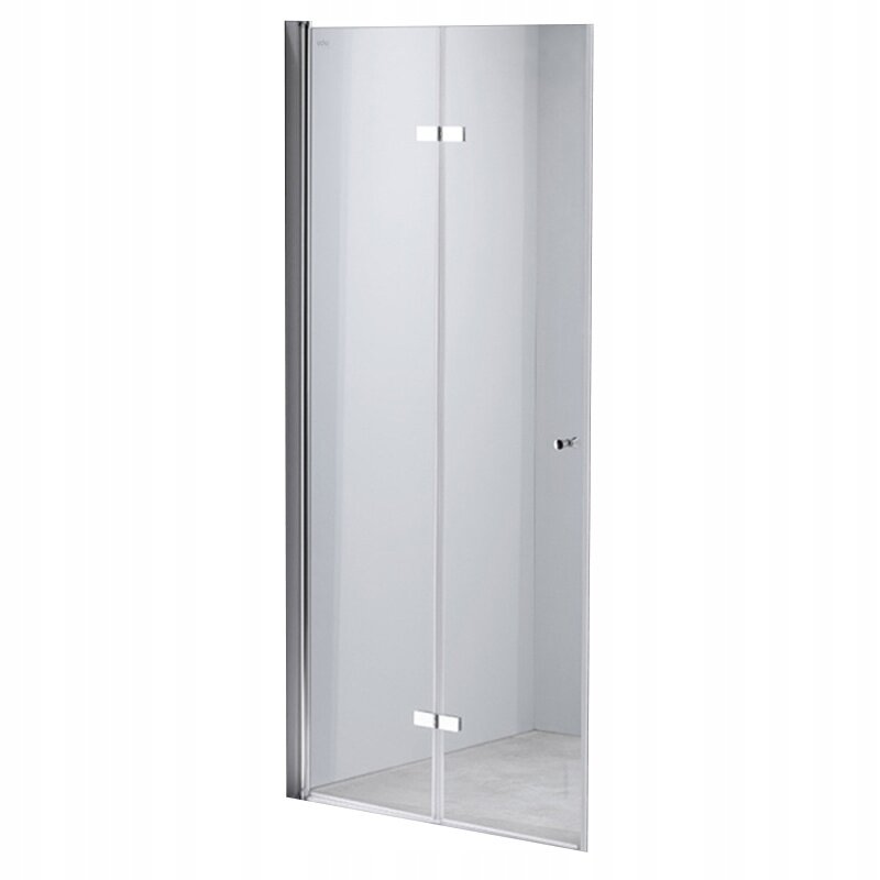 Szklane drzwi prysznicowe z chromowanymi elementami, posiadające prosty uchwyt i zawiasy. Produkt jest przezroczysty i ma minimalistyczny design.