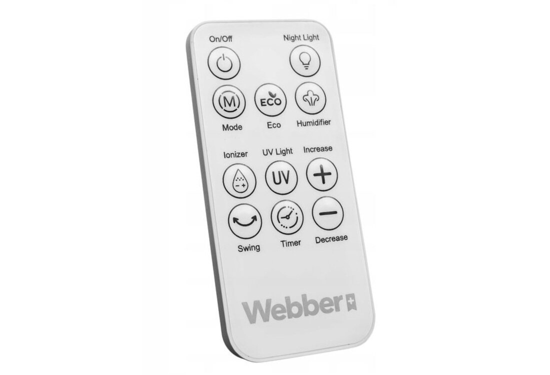 Pilot z przyciskami oznaczonymi jako On/Off, Night Light, Mode, Eco, Humidifier, Ionizer, UV Light, Increase, Swing, Timer, Decrease. Na dole widoczne jest logo \'Webber\'.