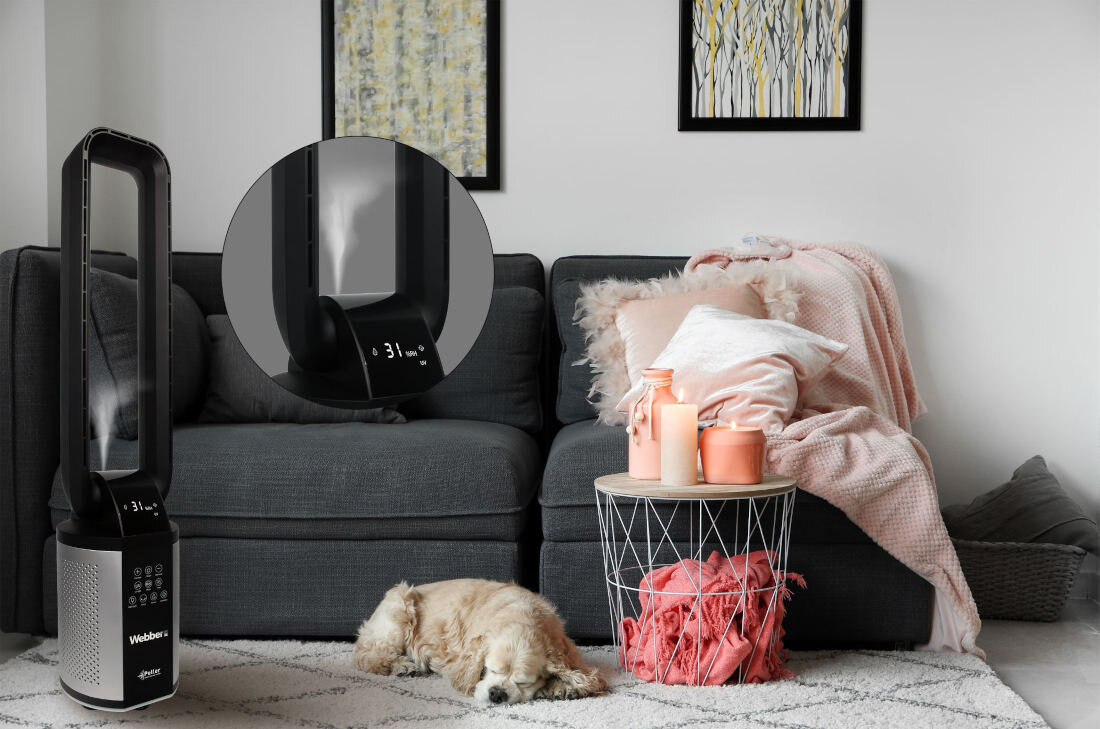 W pokoju znajduje się czarny wentylator Webber z wyświetlaczem pokazującym \'31°C\'. Obok stoi szara sofa z poduszkami i kocem, a na podłodze leży pies.