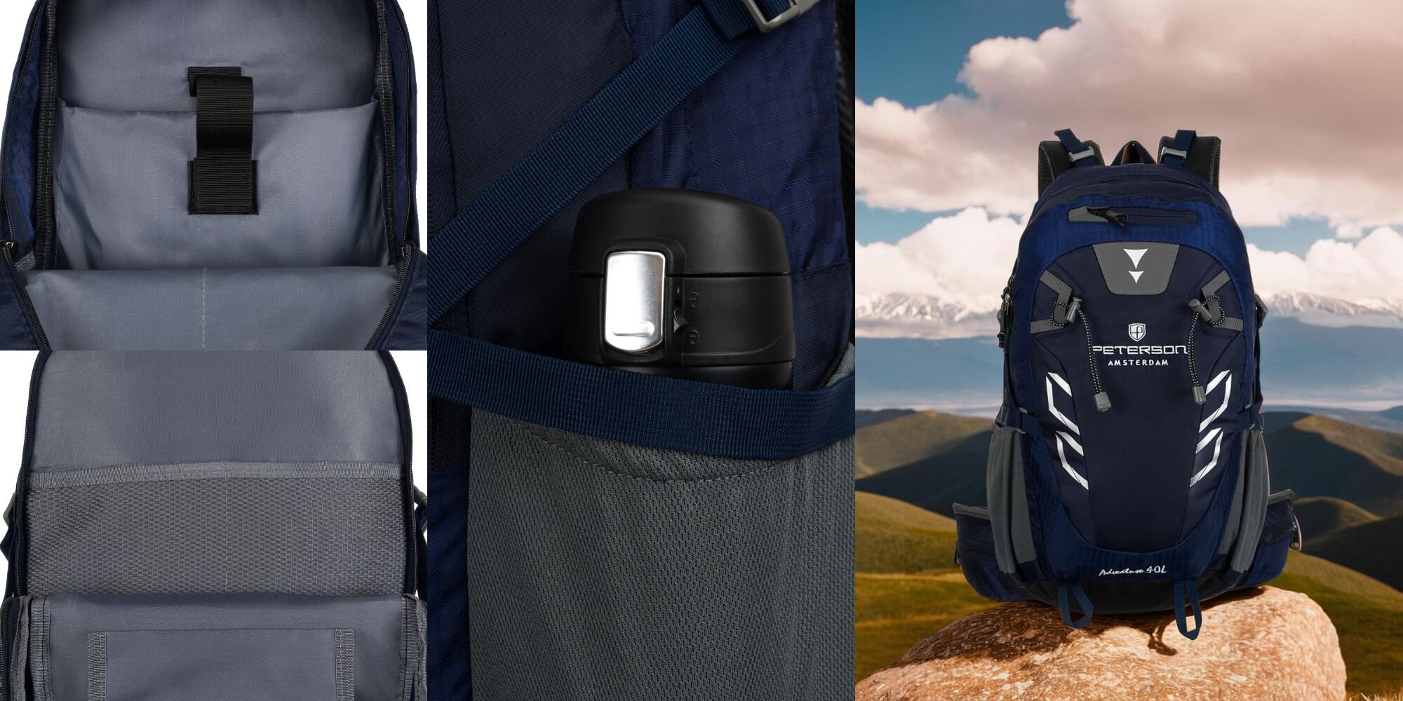 Na obrazie widoczny jest granatowy plecak turystyczny z napisem \'Peterson Outdoor Adventure 40L\'. Plecak posiada liczne kieszenie i paski, a w jednej z nich znajduje się czarny termos.