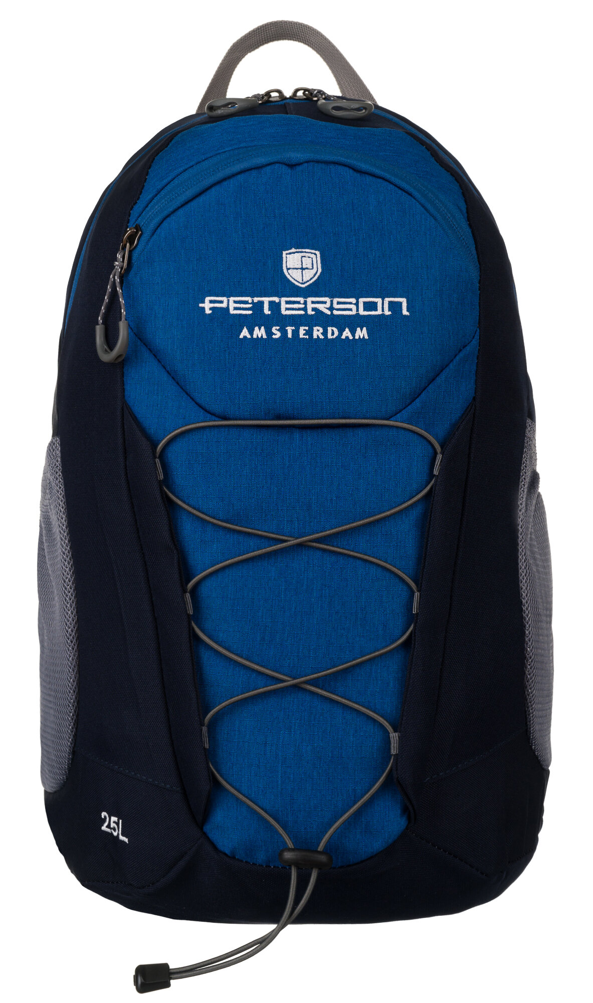 Granatowy plecak turystyczny z logo \'PETERSON AMSTERDAM\' i oznaczeniem pojemności \'25L\'.