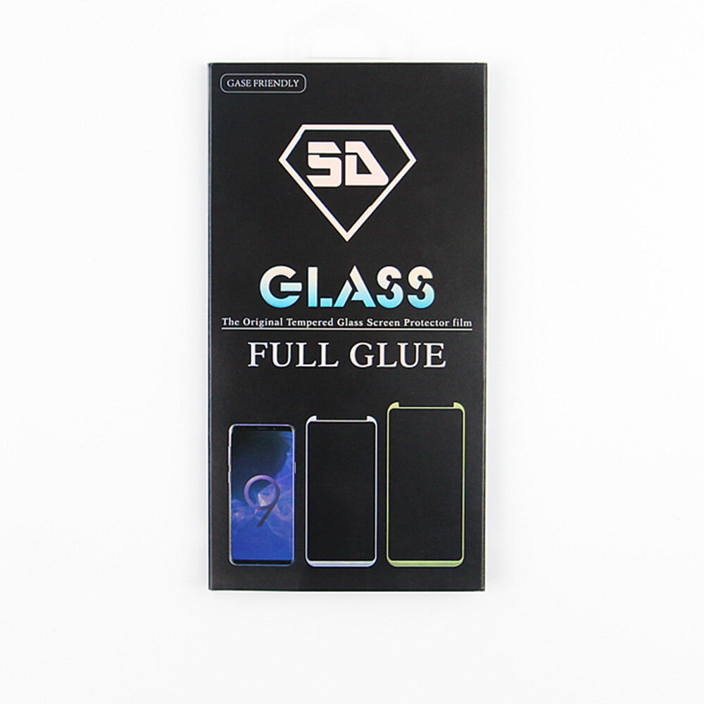 Opakowanie szkła hartowanego z napisem \'SD GLASS FULL GLUE\'. Widoczne są trzy schematyczne rysunki telefonów z różnymi ramkami.
