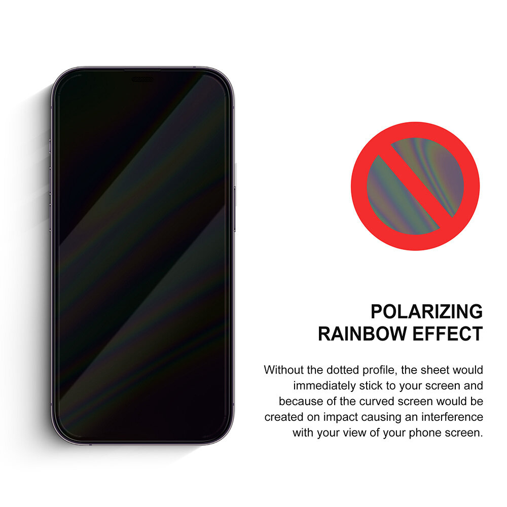Obraz przedstawia telefon z ciemnym ekranem oraz symbol zakazu na kolorowym tle. Obok znajduje się tekst: \'POLARIZING RAINBOW EFFECT Without the dotted profile, the sheet would immediately stick to your screen and because of the curved screen would be created on impact causing an interference with your view of your phone screen.\'