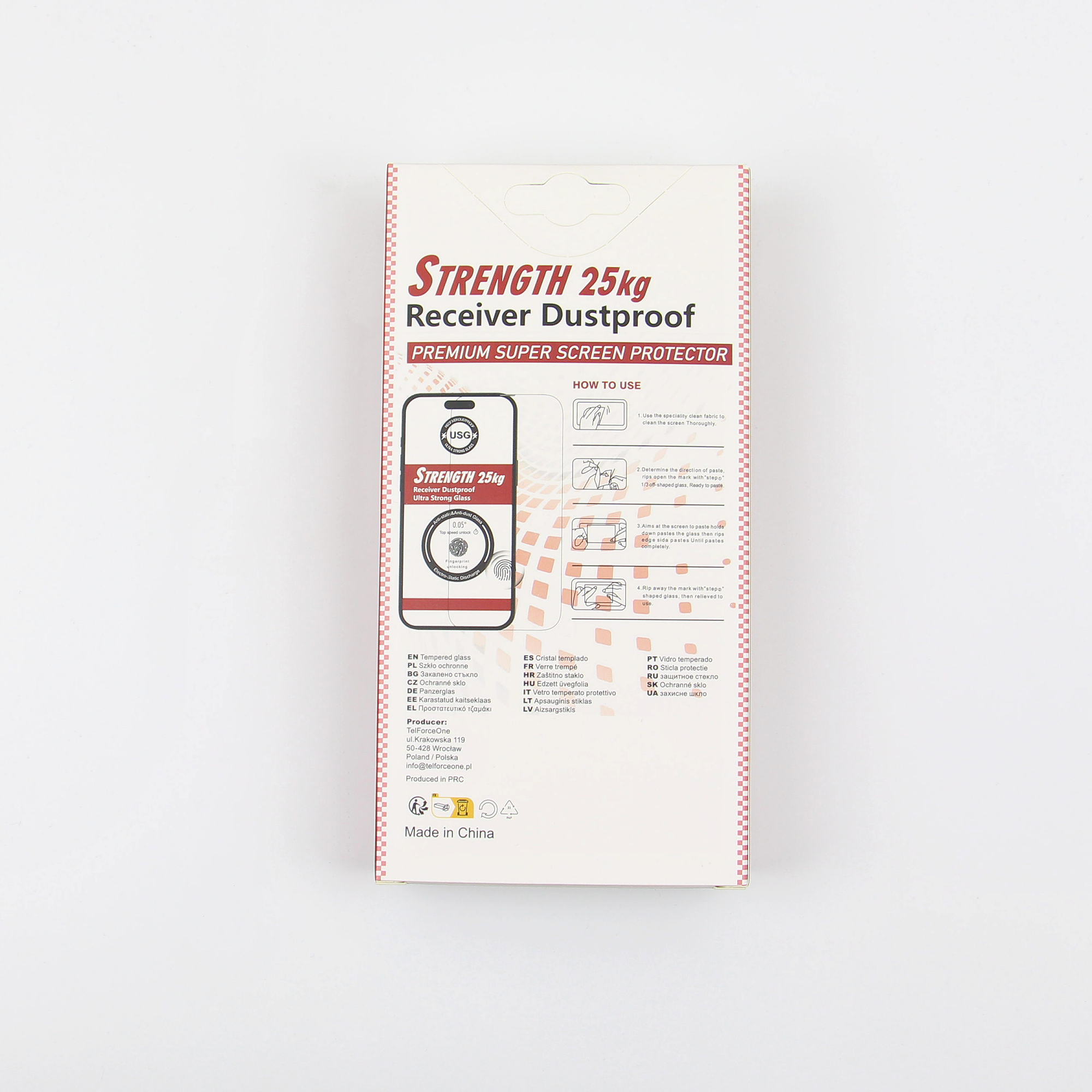 Opakowanie produktu z napisem \'STRENGTH 25kg Receiver Dustproof PREMIUM SUPER SCREEN PROTECTOR\'. Widoczne są instrukcje użytkowania oraz informacje o produkcie, takie jak \'Made in China\'.