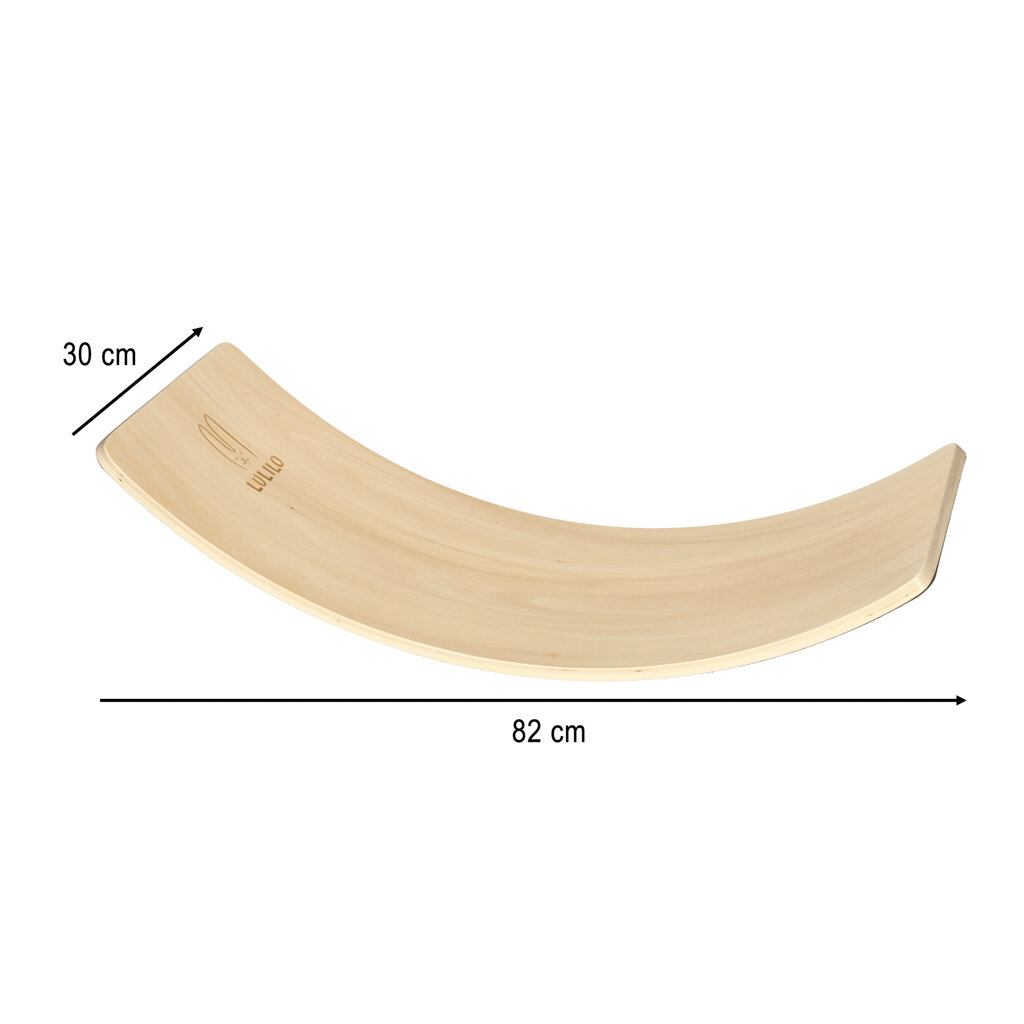 Drewniana deska do balansowania o wymiarach 30 cm na 82 cm z widocznym logo \'LULULO\'.