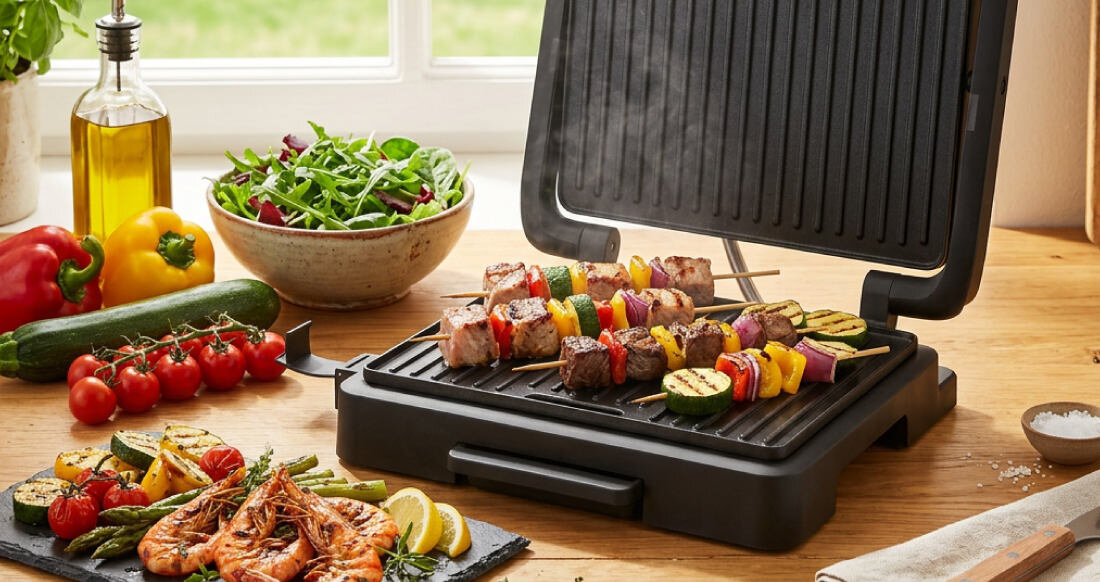 Grill elektryczny HYUNDAI GR190 zdjęcie lifestyle Dwa ustawienia dwie pozycje pracy Karbowane płyty grillowe o wymiarach 288 × 258 mm pokryte wysokiej jakości powłoką nieprzywierając mocą