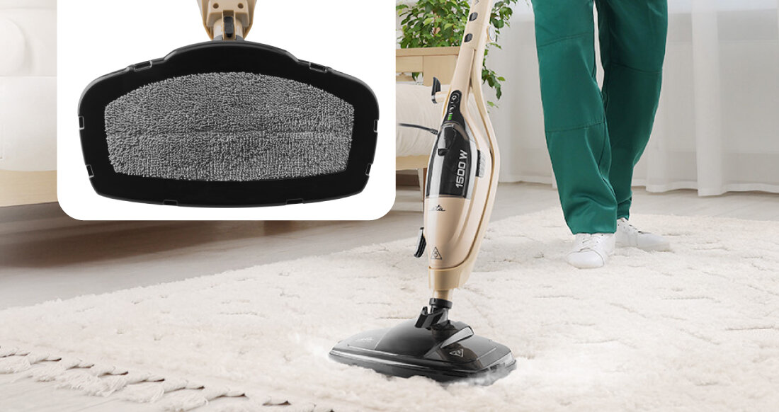 Mop parowy ETA Vapuro 2w1 2261 90000 zdjęcie lifestyle Wygoda i bezpieczeństwo rosta obsługa, włącznik ON/OFF, podświetlenie aktywujące Składana rączka z uchwytem zabezpieczenie termiczne