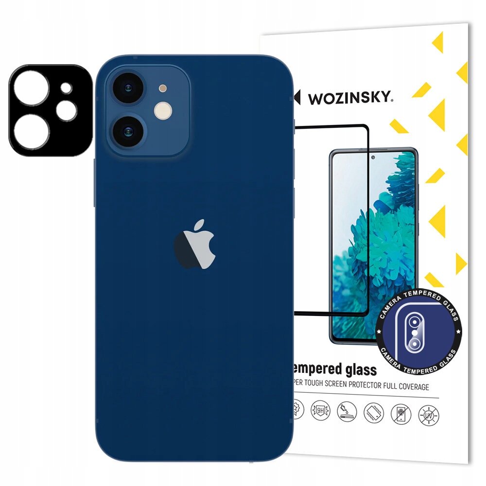 Na obrazie widoczny jest niebieski smartfon z logo jabłka oraz opakowanie szkła hartowanego marki Wozinsky. Obok znajduje się czarny element ochronny na aparat z trzema otworami.