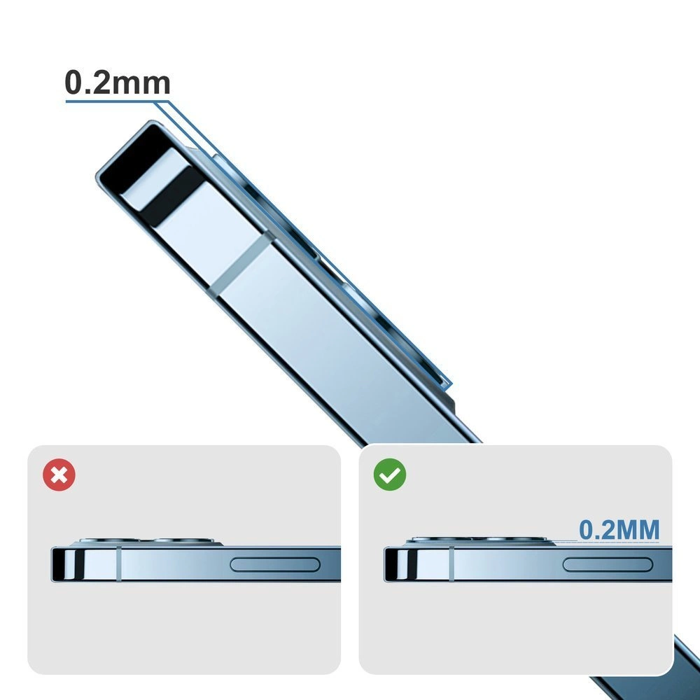 Obraz przedstawia profil smartfona z zaznaczoną grubością 0.2 mm. Na dole znajdują się dwa mniejsze obrazy porównawcze z oznaczeniami \'x\' i \'0.2MM\'.