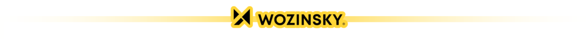 Logo Wozinsky na żółtym tle z czarnym napisem i symbolem X.