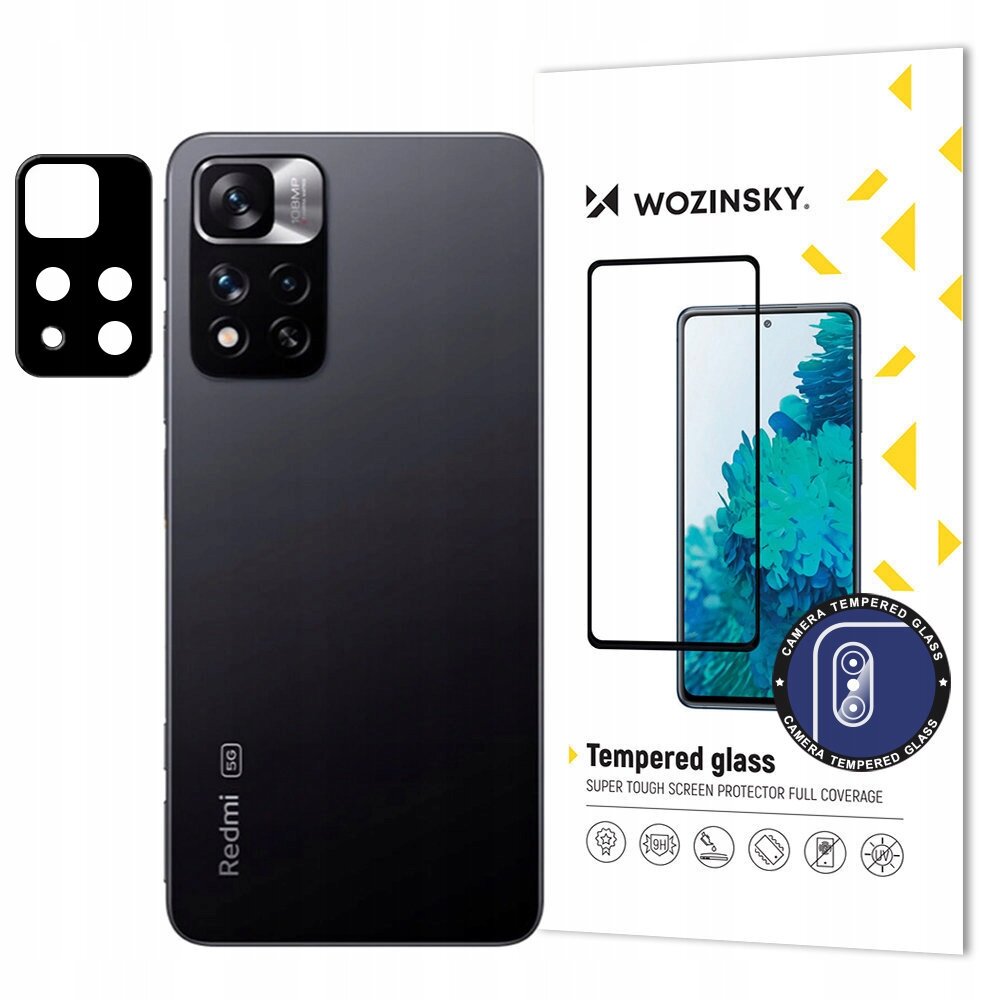 Na obrazie widoczny jest telefon marki Redmi z napisem \'5G\' oraz opakowanie szkła hartowanego Wozinsky. Opakowanie zawiera grafikę telefonu i napisy \'Tempered glass\' oraz \'Super tough screen protector full coverage\'.