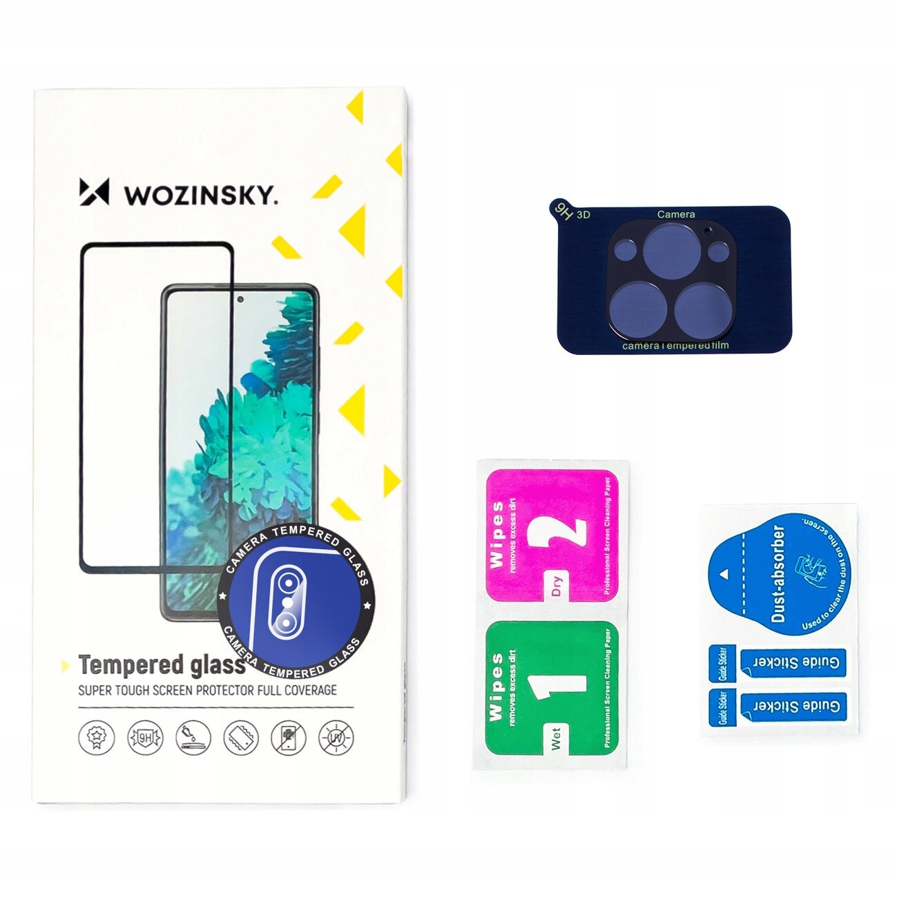 Na obrazie widoczna jest biała paczka z napisem \'WOZINSKY\' oraz \'Tempered glass\', obok której znajdują się akcesoria do montażu szkła hartowanego, w tym naklejki i ściereczki oznaczone numerami 1 i 2. W prawym górnym rogu znajduje się osłona na aparat z napisem \'Camera tempered film\'.