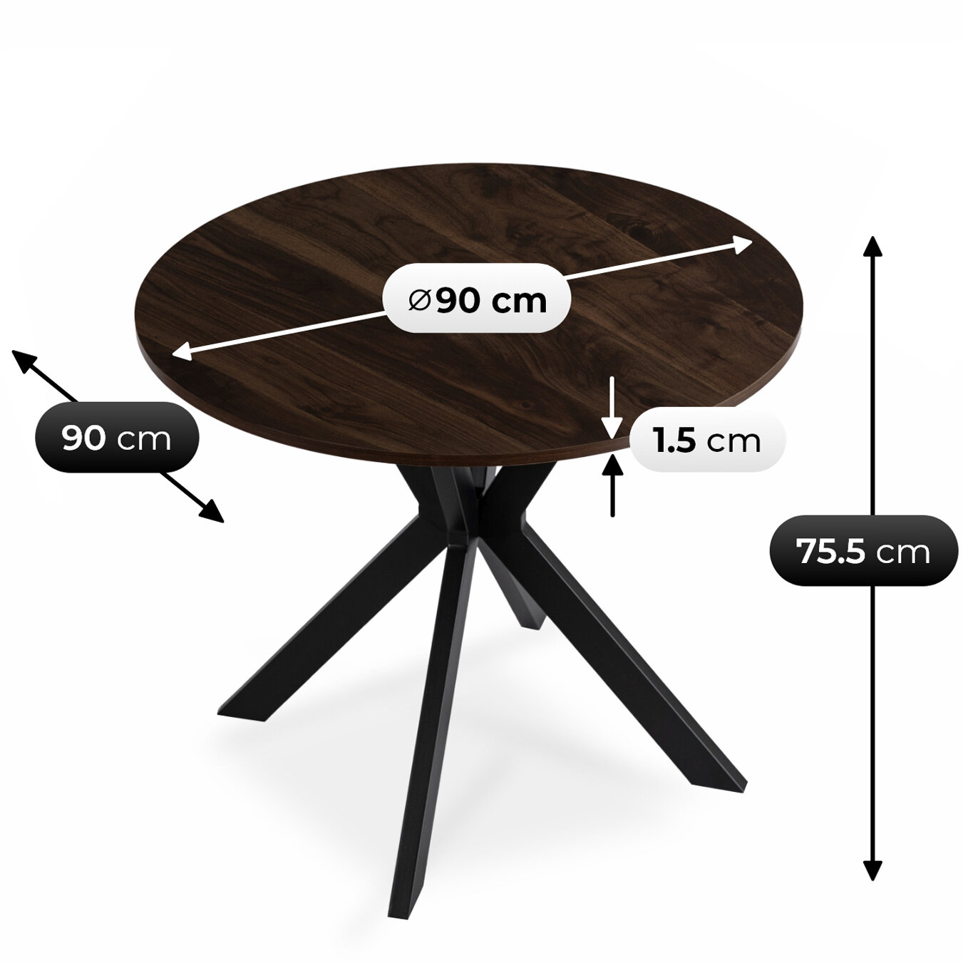Okrągły stół o średnicy 90 cm i wysokości 75,5 cm, z blatem o grubości 1,5 cm, wykonany z ciemnego drewna z czarnymi nogami.