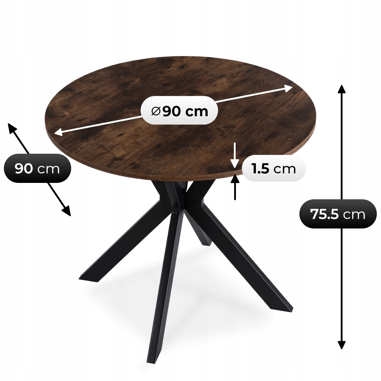Okrągły stół o średnicy 90 cm i wysokości 75,5 cm z ciemnym, drewnianym blatem i czarnymi, metalowymi nogami. Grubość blatu wynosi 1,5 cm.