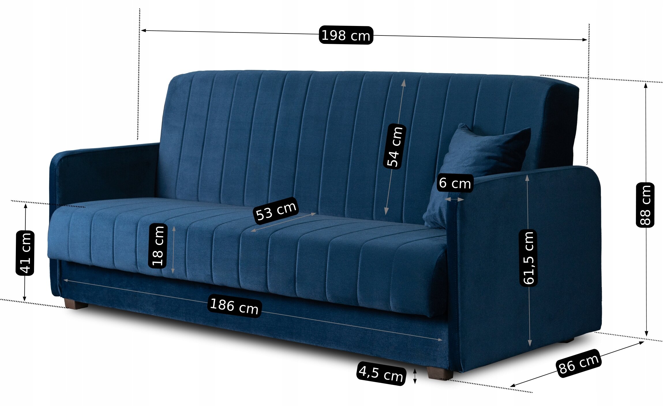 Granatowa kanapa rozkładana z poduszką, z widocznymi wymiarami: 198 cm szerokości, 88 cm wysokości, 86 cm głębokości, siedzisko o głębokości 53 cm i wysokości 41 cm. Dodatkowe wymiary to 54 cm wysokości oparcia, 18 cm wysokości nóżek i 4,5 cm grubości podłokietnika.