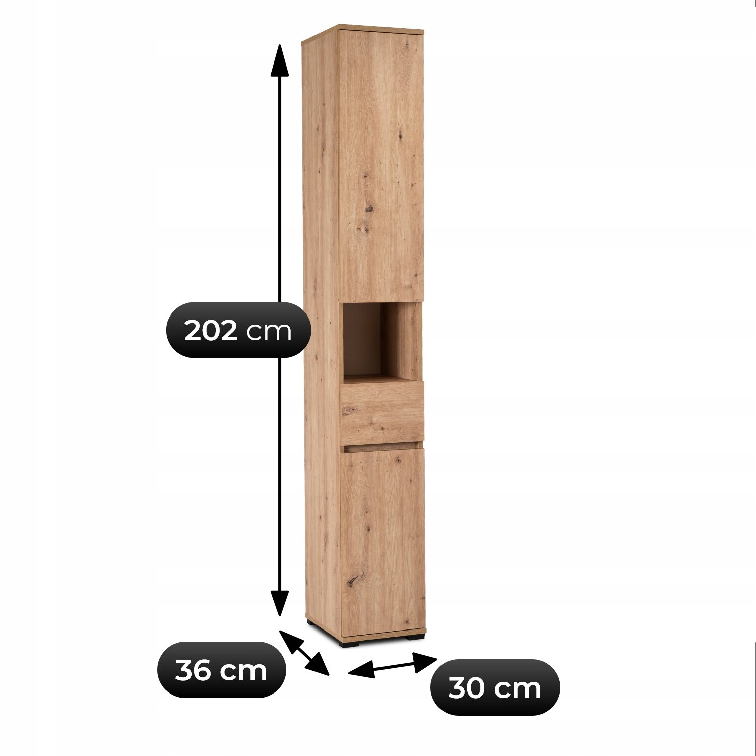 Wąska, stojąca szafka w kolorze dąb artisan o wymiarach 202 cm wysokości, 36 cm szerokości i 30 cm głębokości. Szafka posiada otwartą półkę oraz zamknięte szafki na górze i dole.