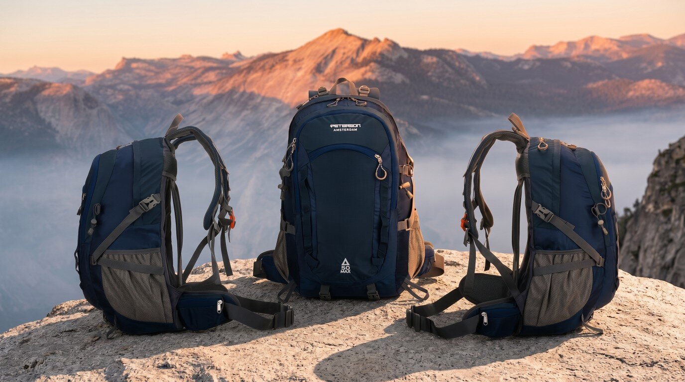 Trzy granatowe plecaki trekkingowe stoją na skalnym podłożu z widokiem na górski krajobraz. Na środkowym plecaku widoczny jest napis \'Plecak trekkingowy turystyczny 40L Peterson\'.