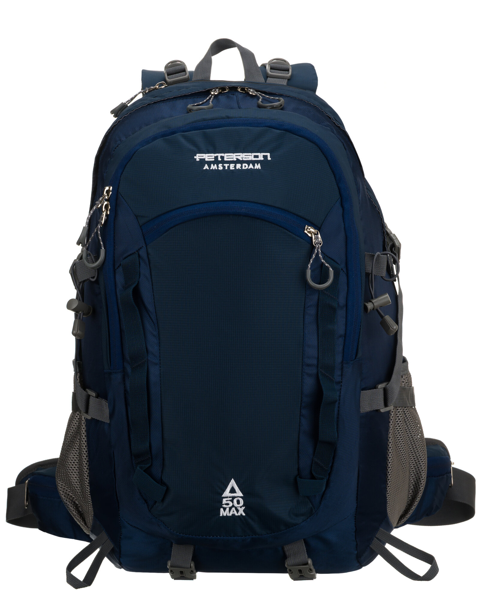Granatowy plecak trekkingowy z kilkoma kieszeniami i zamkami błyskawicznymi, z widocznym napisem \'PETERSON AMSTERDAM\' oraz symbolem \'50 MAX\'.