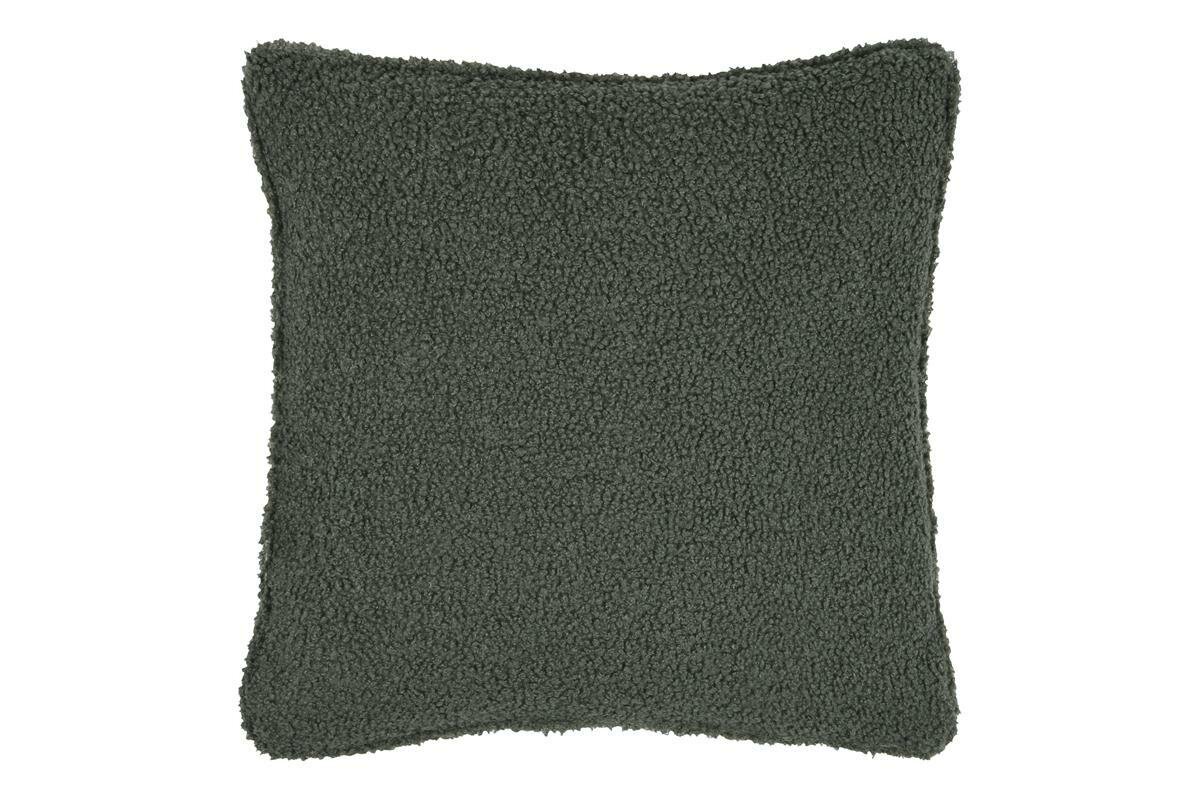 Poduszka dekoracyjna w kolorze khaki, wykonana z materiału o teksturze przypominającej wełnę. Ma kształt kwadratu o wymiarach 40 x 40 cm.