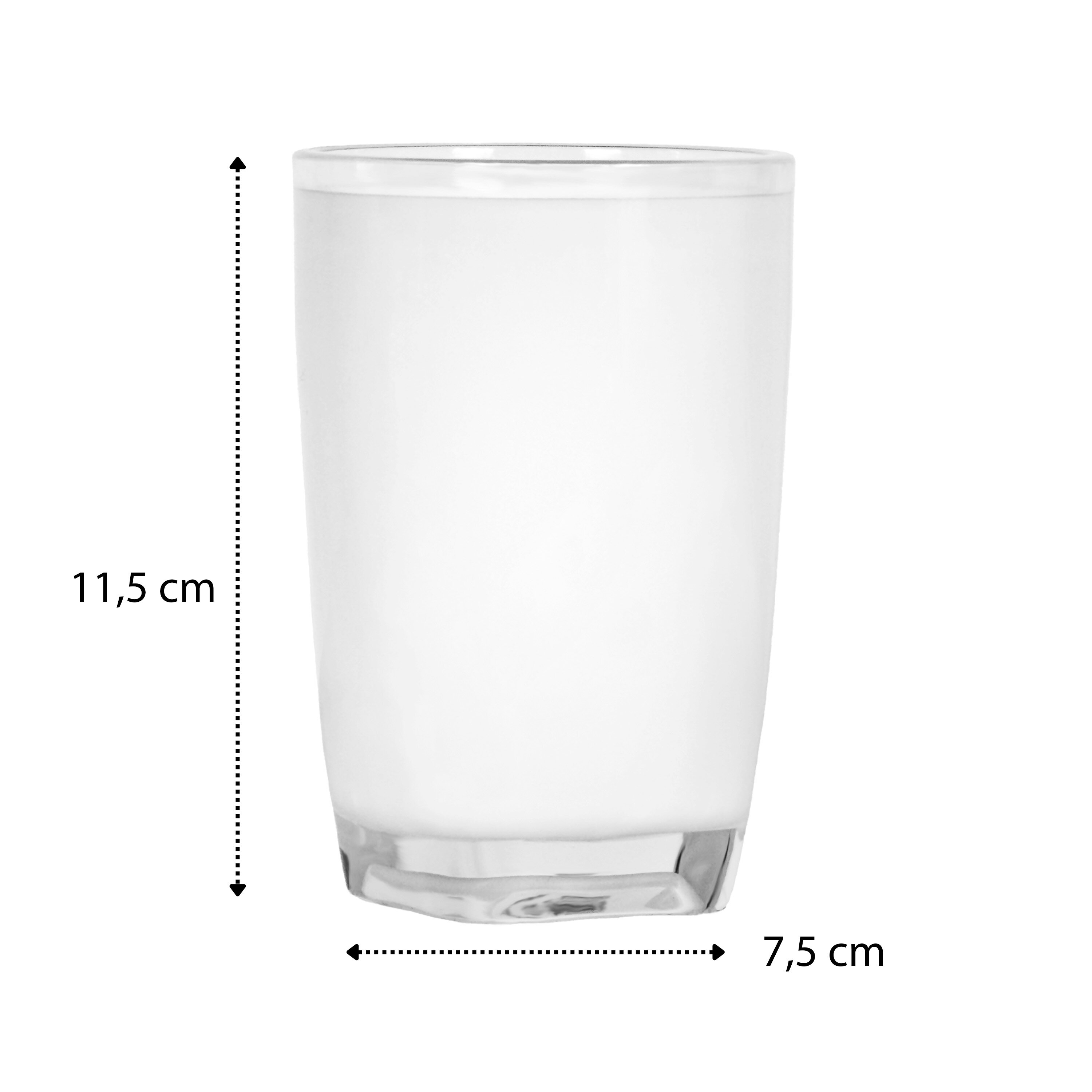 Biały kubek o wysokości 11,5 cm i średnicy 7,5 cm, wykonany z akrylu.