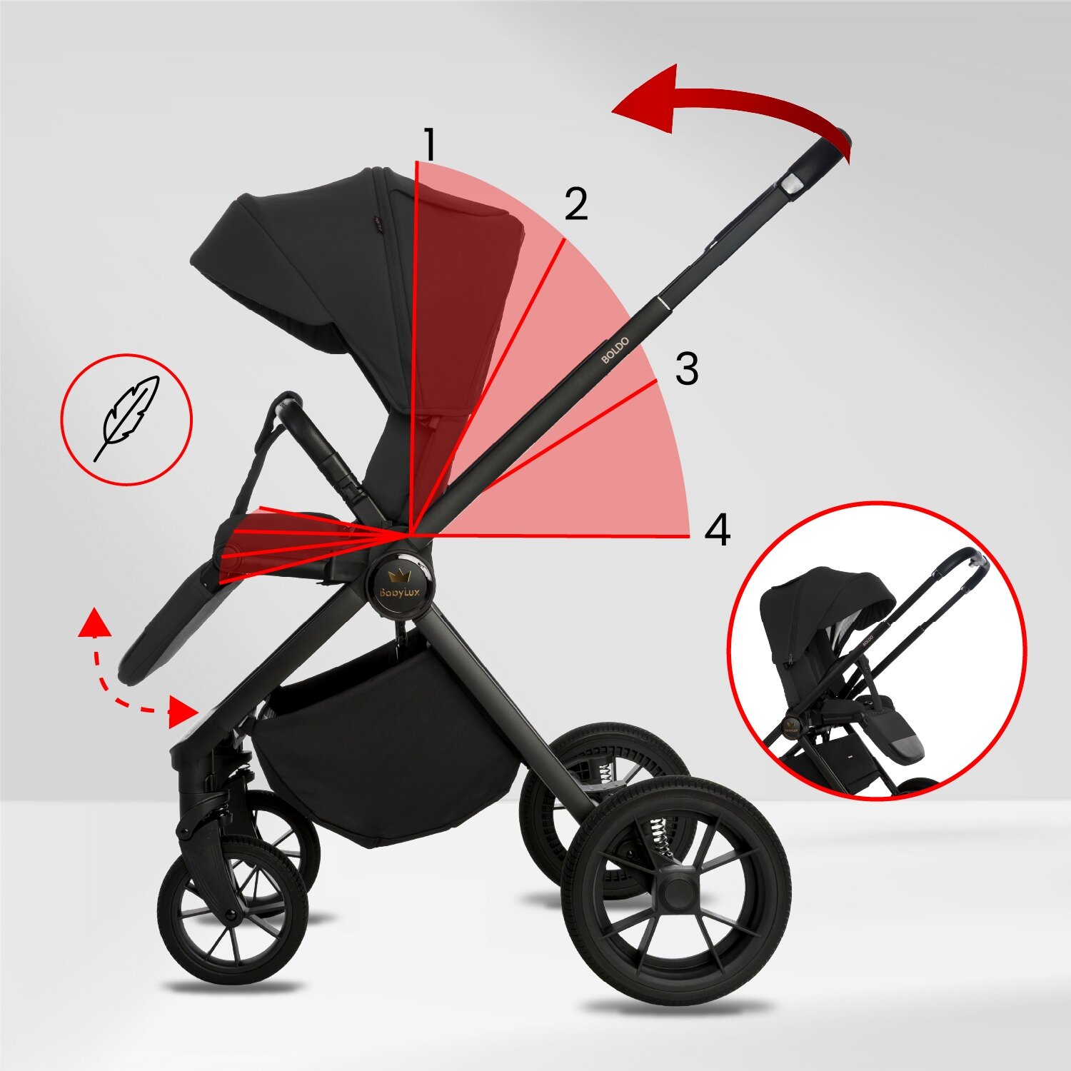 Czarny wózek dziecięcy z regulowanym uchwytem i oznaczeniami kątów nachylenia. Widoczne logo \'BabyLux\' oraz symbol piórka.