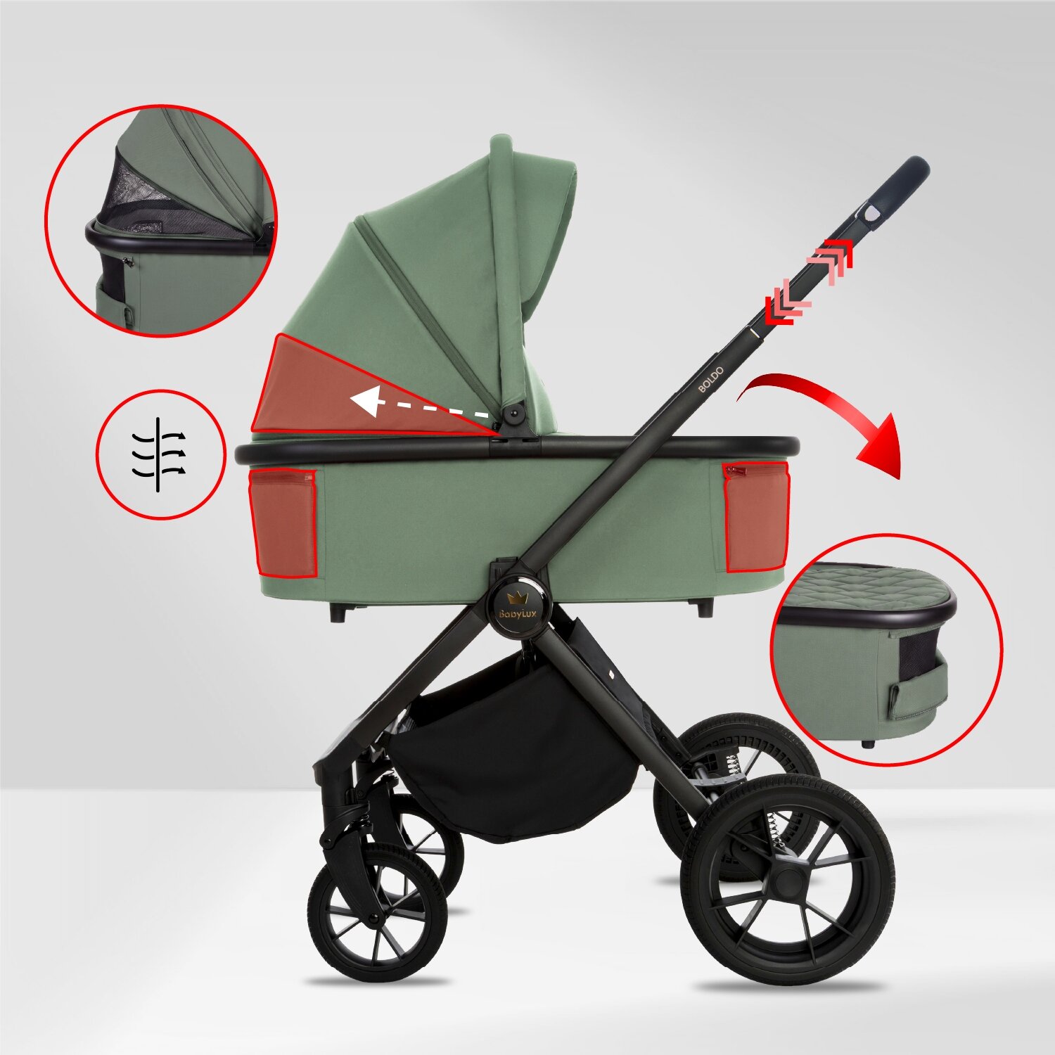 Wózek dziecięcy w kolorze zielonym z czarną ramą, posiada regulowaną rączkę i kosz na zakupy. Widoczne są detale konstrukcji oraz logo \'BabyLux\' na ramie.