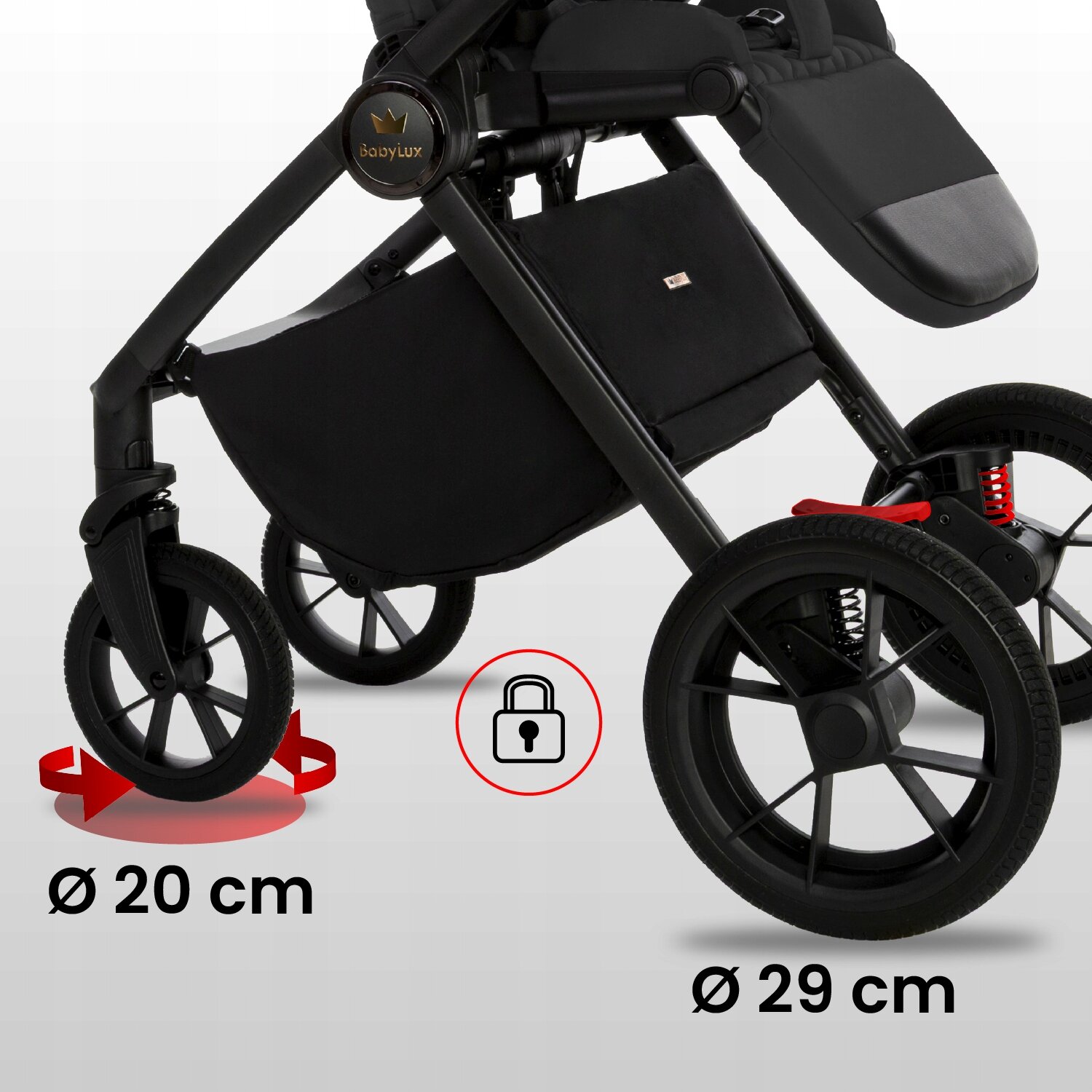 Czarny wózek dziecięcy z widocznymi kołami o średnicy 20 cm i 29 cm oraz logo \'BabyLux\'. Obok kół znajduje się ikona kłódki w czerwonym okręgu.