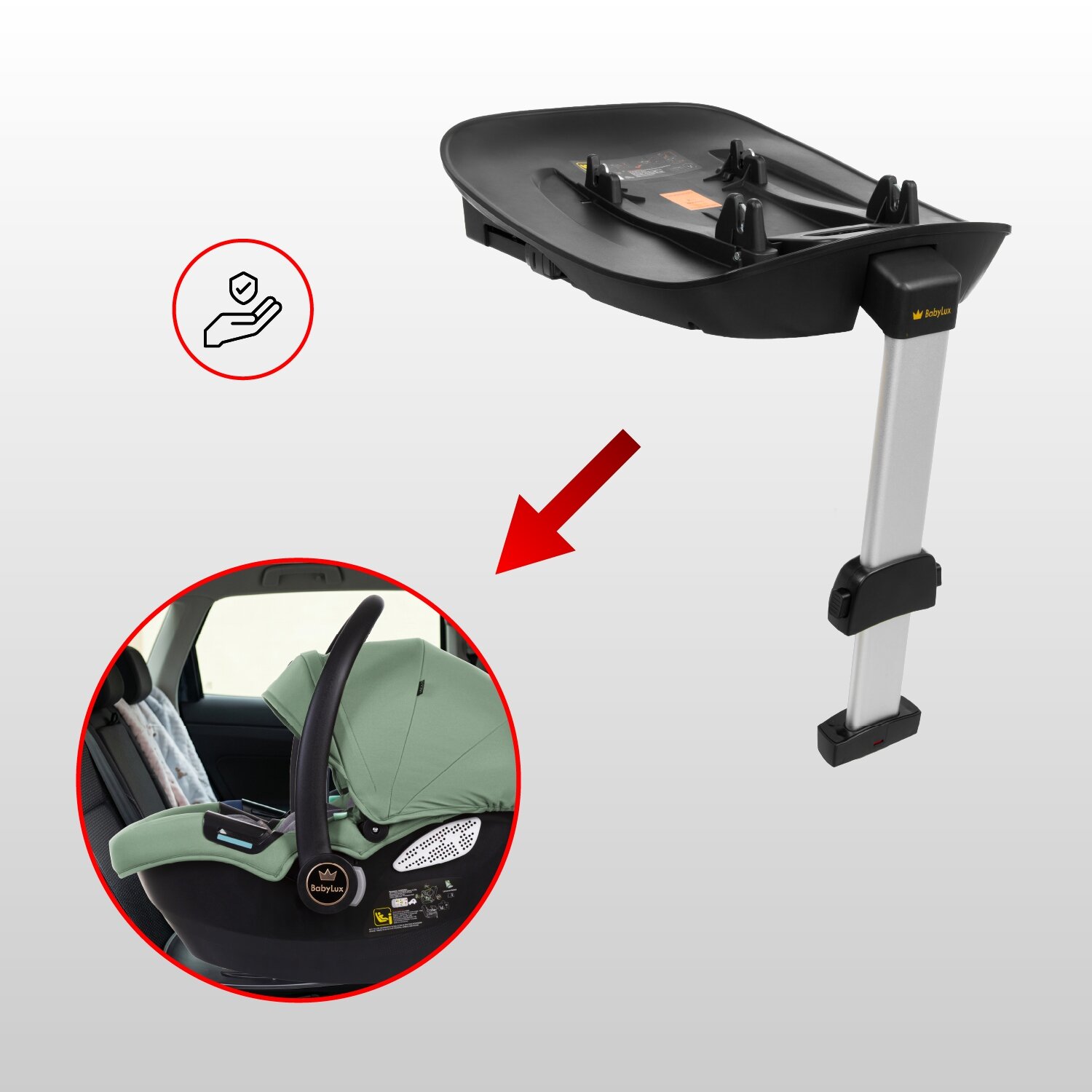 Obraz przedstawia bazę ISOFIX w kolorze czarnym z logo BabyLux oraz fotelik samochodowy w kolorze zielonym zamontowany w samochodzie. Na obrazie widoczna jest również czerwona strzałka wskazująca na fotelik.