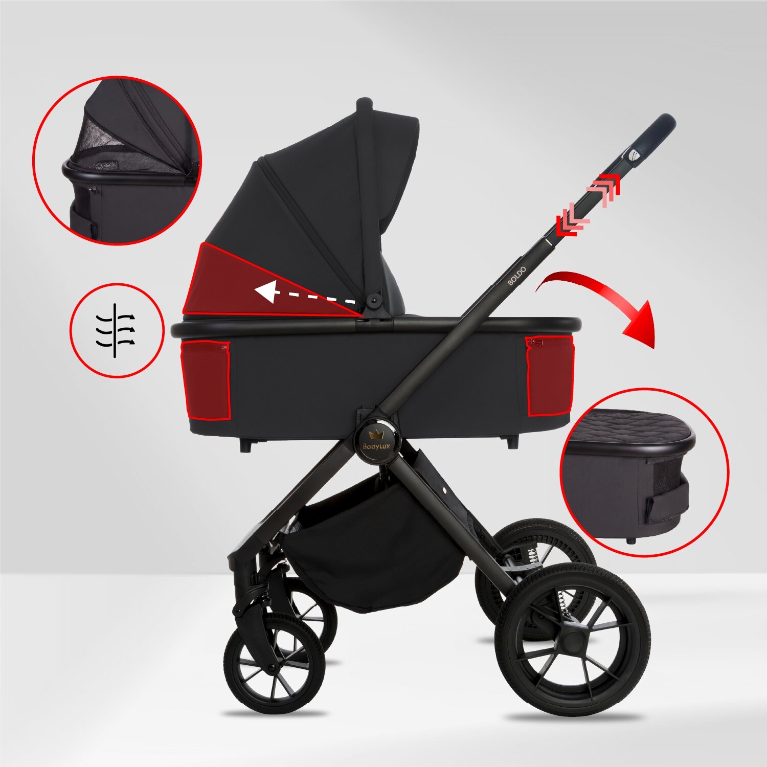 Wózek dziecięcy w kolorze czarnym z czerwonymi akcentami, z widocznymi funkcjami składania i regulacji. Logo \'BabyLux\' znajduje się na stelażu, a wózek posiada duże koła i kosz na zakupy.