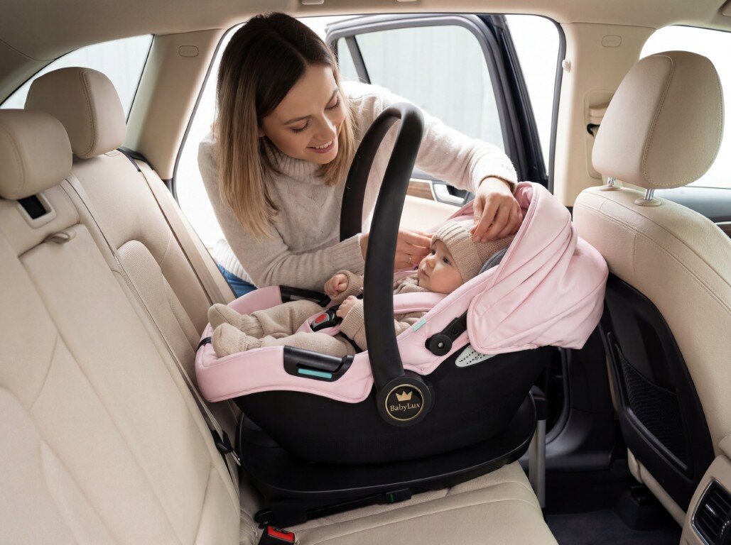 W samochodzie na tylnym siedzeniu znajduje się niemowlę w różowym foteliku samochodowym marki BabyLux. Obok dziecka pochyla się osoba dorosła, poprawiając jego czapkę.