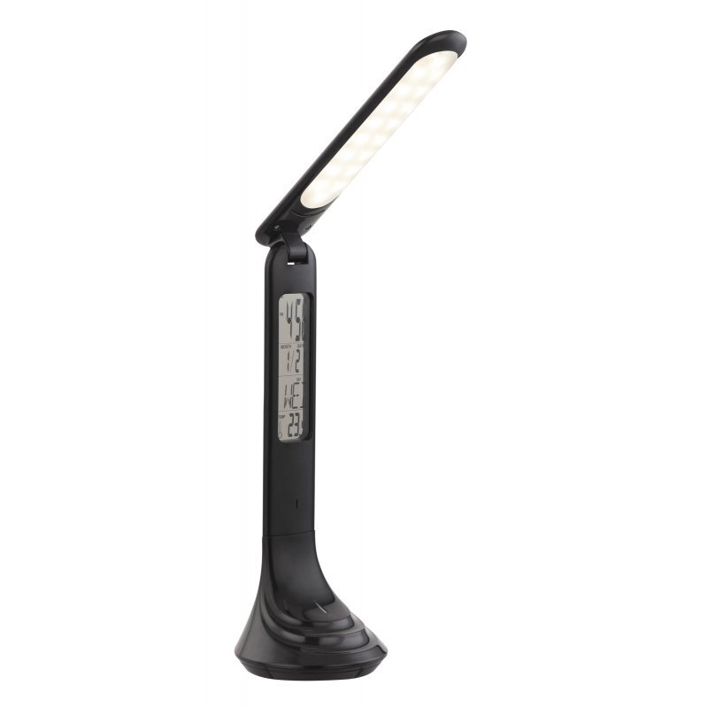 Czarna lampa biurkowa LED z wyświetlaczem pokazującym godzinę, datę i temperaturę. Lampa ma smukły, nowoczesny design z zakrzywioną podstawą.