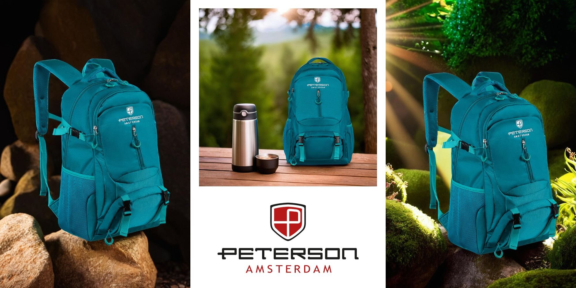 Trzy zdjęcia przedstawiają turkusowy plecak turystyczny z logo \'Peterson Amsterdam\'. Na środkowym zdjęciu obok plecaka znajduje się termos, a poniżej widoczne jest logo \'Peterson Amsterdam\'.