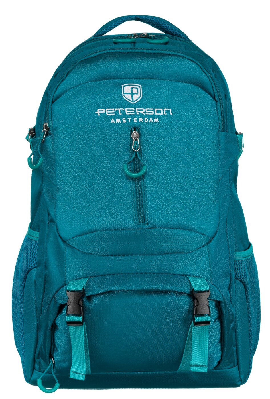 Turkusowy plecak z dwoma komorami i kieszeniami bocznymi, z widocznym logo \'Peterson Amsterdam\'.