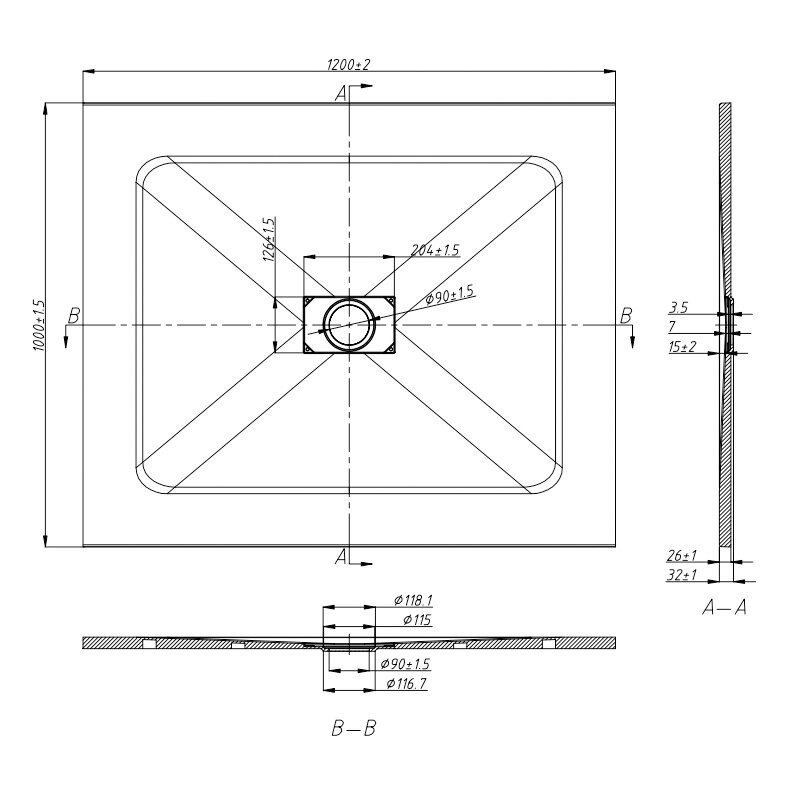 Rysunek techniczny przedstawiający prostokątny brodzik prysznicowy z wymiarami 1200x1000 mm. Widoczne są szczegółowe wymiary otworów i grubości materiału.