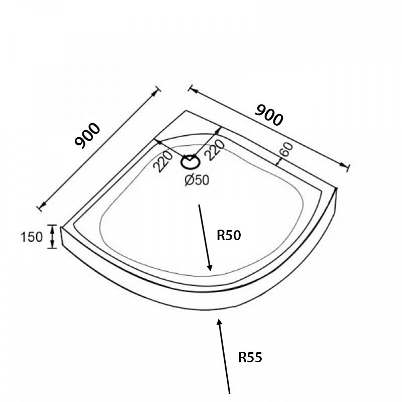 Rysunek techniczny półokrągłego brodzika prysznicowego z wymiarami: 900 mm x 900 mm, wysokość 150 mm. Oznaczenia: Ø50, R50, R55, oraz odległości 220 mm i 60 mm.
