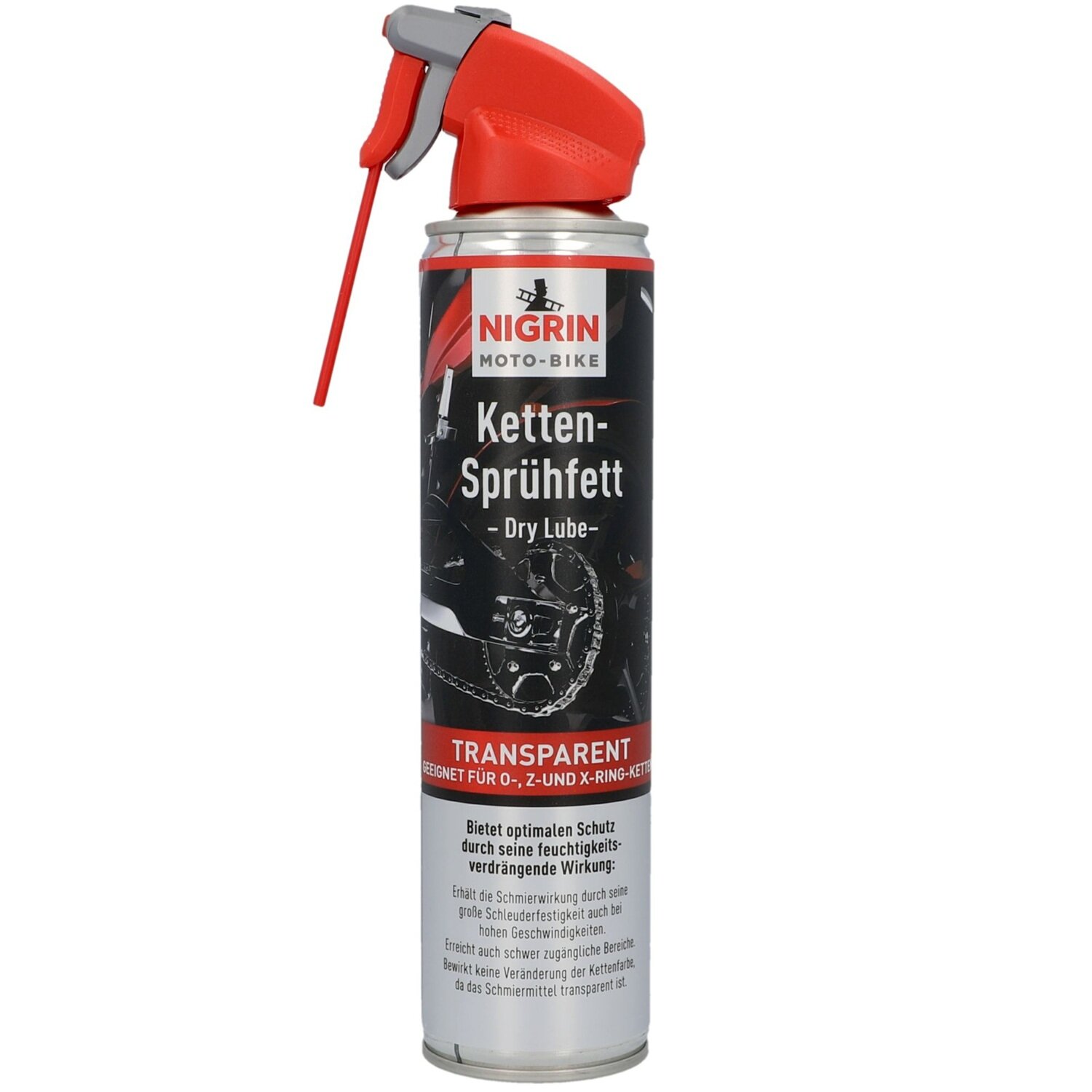Spray do smarowania łańcuchów motocyklowych marki NIGRIN z czerwonym aplikatorem. Na etykiecie widnieje napis: \'Ketten-Sprühfett - Dry Lube\' oraz \'TRANSPARENT\'.