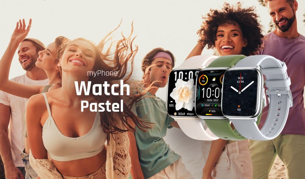 Na zdjęciu widoczne są trzy smartwatche z różnymi tarczami oraz napis \'myPhone Watch Pastel\'.