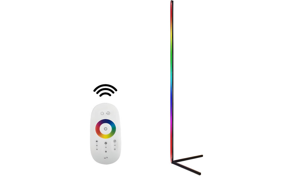 Na obrazie widoczna jest czarna lampa LED o smukłej konstrukcji z efektem RGB oraz biały pilot z kolorowym panelem sterowania i symbolami funkcyjnymi.