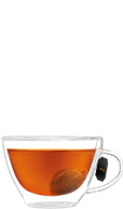 Szklanka z herbatą z widoczną torebką herbaty w środku. Nad szklanką znajduje się tekst: \'CZARNA HERBATA\'.