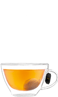 Szklanka z przezroczystego szkła wypełniona naparem ziołowej herbaty z widoczną torebką herbaty. Nad szklanką znajduje się tekst: \'ZIOŁOWA HERBATA\'.