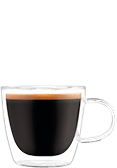 Szklanka z czarną kawą z pianką na górze. Nad nią widoczny jest tekst: \'LONG COFFEE\'.