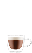 Obraz przedstawia szklankę z napojem o dwóch warstwach: ciemniejszej na dole i jaśniejszej na górze. Nad szklanką widnieje tekst: \'ESPRESSO MACCHIATO\'.