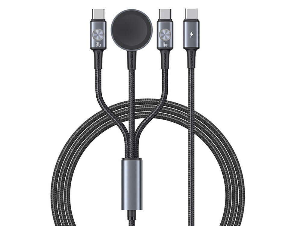 Na obrazie widoczny jest czarny kabel z trzema końcówkami: dwie z nich mają oznaczenia \'60W\' i \'12W\', a trzecia ma symbol błyskawicy. Kabel jest opleciony materiałem i posiada okrągłą końcówkę do ładowania smartwatcha.