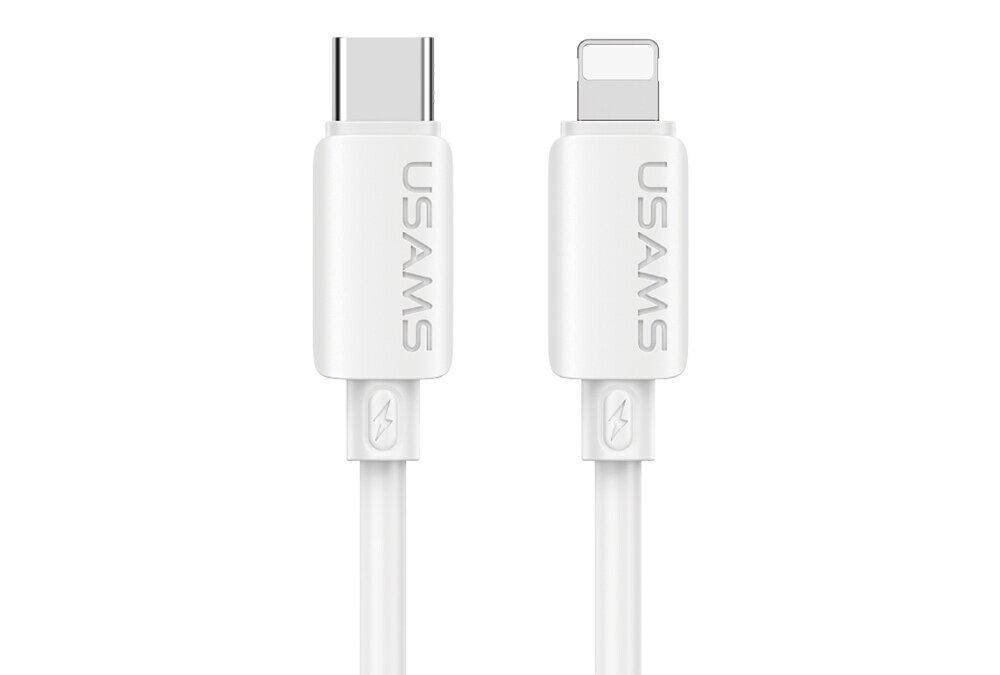 Na obrazie widoczny jest biały kabel z dwoma różnymi końcówkami: USB-C i Lightning. Na obu końcówkach znajduje się napis \'USAMS\'.